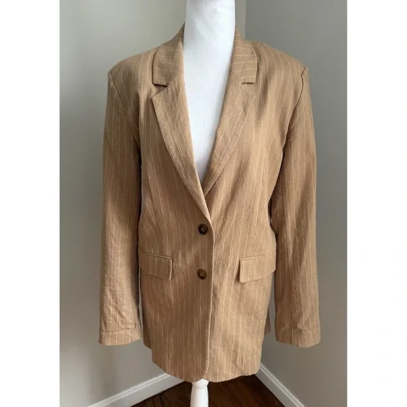Nicholas Women US 8 Oversized Linen Blazer Charlee Camel Brown Tan Pinstripe